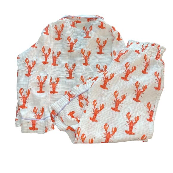 Sara Fitz Womens Pajama Set Size 3X White Lobster Print Casual Pure Cotton - Picture 8 of 8